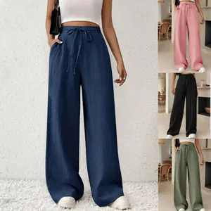Pantalon large pour femme à taille haute avec cordon de serrage en plusieurs coloris