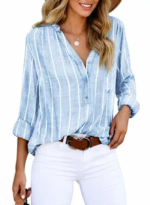 Close-up of casual blue and white vertical striped long sleeve blouse for women