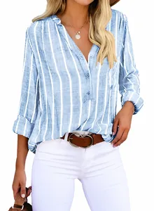 Close-up of casual blue and white vertical striped long sleeve blouse for women