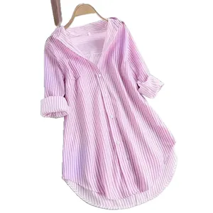 Women's casual loose vertical striped pink and white long-sleeved medium-length shirt.