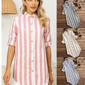 Chemise Décontractée à Rayures Mi-Longue pour Femme Manches Retroussables Col Officier Blouse en Mélange de Coton