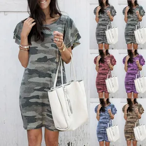 Damen Sommer Camouflage Print Rüschen Kurzarm Kleid Rundhals Locker Lässig Mini Kleid Polyester Streetwear Stil
