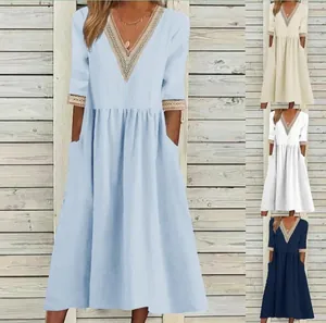 Detail view showing color variants of lace-trimmed cotton linen mid-length dress