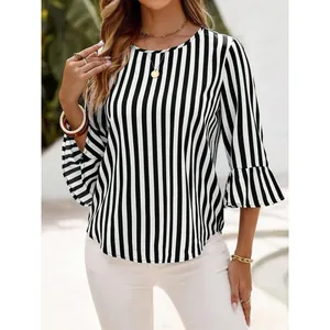 Women Round Neck Polyester Printed Blouse Fashion Vertical Striped Bell Sleeve Top Elegant Ruffle Cuff Casual Shirt For Ladies