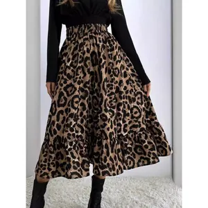 Falda Maxi de Cintura Alta con Estampado de Leopardo para Mujer Falda de Paraguas Sexy en Línea A con Dobladillo de Volantes Falda Larga