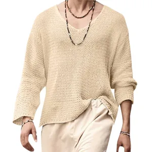 Men's retro loose V-neck hollow-out knitted sweater in cream beige long sleeve top.