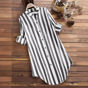Chemise rayée décontractée à manches longues pour femmes avec design de manches retroussées