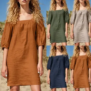 French Vintage Square Neck Puff Sleeve Dress Polyester Linen Casual Loose Fit Mini Dress For Women Vacation Beach Wear