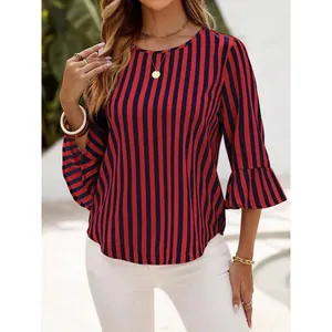 Red and navy blue striped blouse with bell sleeves and round neck for casual everyday wear.