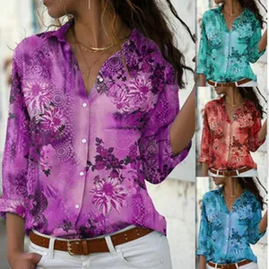 Women Floral Print Long Sleeve V Neck Shirt Button Down Blouse Top Vintage Mandala Pattern Polyester Office Casual Shirt