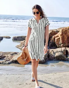 Stylish summer casual vertical striped shirt dress with short sleeves for beach vacation