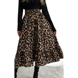 Falda midi acampanada de cintura alta con estampado de leopardo sexy para mujer