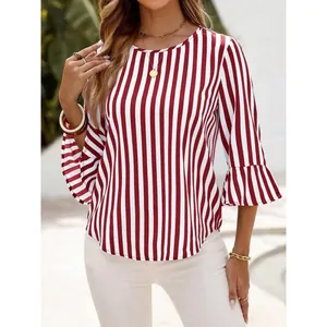 Casual red and white vertical striped blouse with ruffle sleeves and round neck