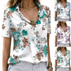 Detailed view of women's summer floral print V-neck button-down short sleeve blouse