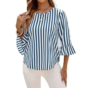 Casual women's blue and white vertical striped round neck top with bell sleeves