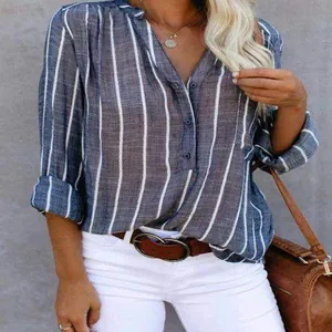 Casual women's vertical blue and white striped long sleeve button-up blouse detail
