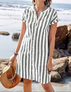 Stylish casual vertical striped button-down summer shirt dress for women beach lifestyle