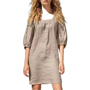 Elegant French style square neck cotton linen mini dress with casual short puff sleeves