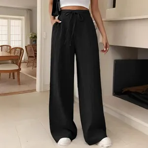 Pantalon noir taille haute jambe large avec cordon de serrage et tissu texturé