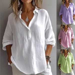 Women's Casual Linen Cotton V-Neck Blouse Loose Solid Color Long Sleeve Pullover Shirt Top