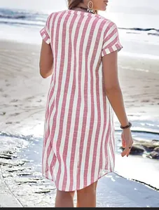 Back view of a casual red and white vertical striped short sleeve shirt for women