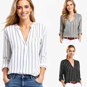 Haut Chemisier Rayé Pour Femmes Polyester Col En V Boutonné Ample Décontracté Manches Longues Blouse Streetwear Mode Vêtements Quotidiens Haut