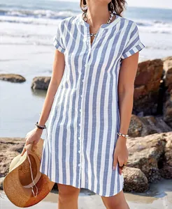 Summer blue white striped short sleeve button shirt dress for casual beach outing.