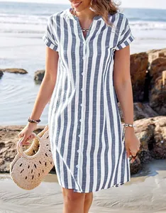 Women's blue and white striped casual summer shirt dress featuring loose fit beach style