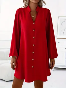 Elegant red V-neck long sleeve button-down A-line mini dress detail view