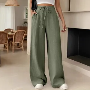 Pantalon décontracté à taille haute et jambes larges avec cordon de serrage vert olive
