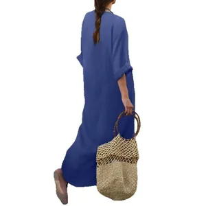 Elegante vestido largo de mezclilla informal con cuello en V para mujer, vista trasera