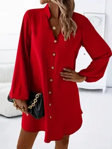 Detailed shot of a red V-neck long sleeve button-down A-line dress with chic accessories