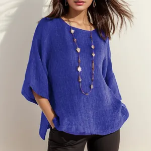 Retro blauwe linnen katoenen blouse met ronde hals en modieuze 3/4 mouwen voor dames