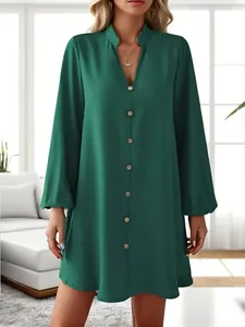 Elegant dark green long sleeve V-neck button down A-line dress for women