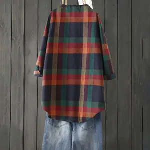 Rückansicht eines langärmeligen Oversize-Karierthemdes mit lebhaftem Karomuster-Detail
