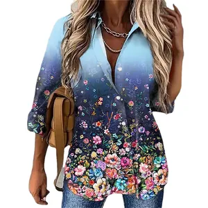 Detail view of women's stylish blue ombre floral print collared long-sleeved casual shirt
