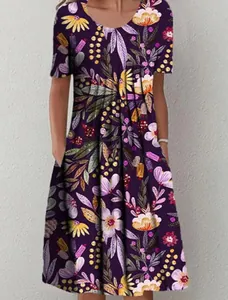 Elegant women's casual floral print short sleeve dress with round neck and side pockets
