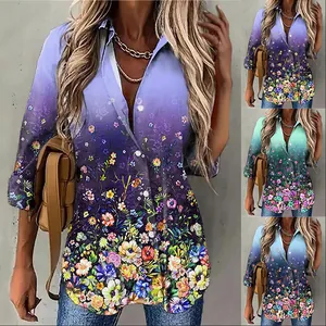 Stylish women's loose long-sleeved floral print shirt available in multiple gradient colorways