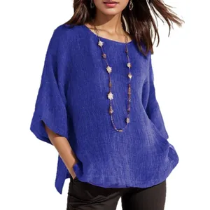 Elegant vintage blue cotton linen blouse for women with 3/4 sleeves and casual round neck