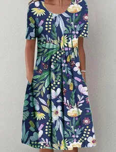 Detail of a casual short-sleeved dress with vibrant floral print on a navy blue background