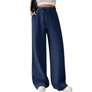 Pantalon large bleu marine à taille haute pour femme avec cordon de serrage réglable