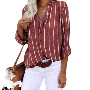 Classic women's burgundy and white vertical striped long sleeve blouse casual shirt