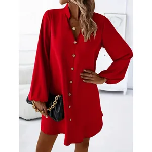 Red V-neck long sleeve button-down A-line dress with lantern sleeves for women