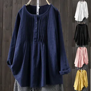 Women's Casual Cotton Blend Long Sleeve Blouse Elegant Round Neck Pleated Front Solid Color Loose Top Plus Size Shirt