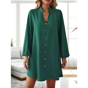 Elegant dark green V-neck long sleeve button-down A-line mini dress for women
