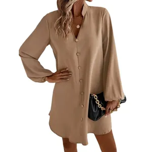 Elegant beige V-neck button-down A-line dress with long puff sleeves