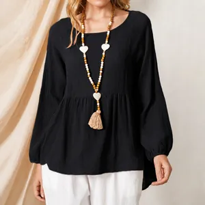 Elegant loose black lantern sleeve cotton-linen doll shirt with ruffled hem for plus size women