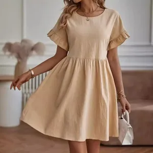 Elegant beige cotton linen dress featuring a round neck and stylish ruffled short sleeves