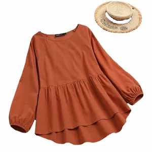 Women's orange babydoll shirt with lantern sleeves in breathable faux cotton linen