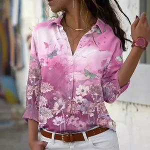 Elegant women's pink floral and butterfly print long-sleeve blouse with stylish lapel collar